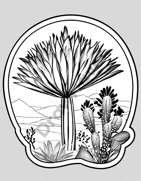 intricate desert flora coloring page showcasing resilient beauty amidst muted hues and spiky textures in black and white