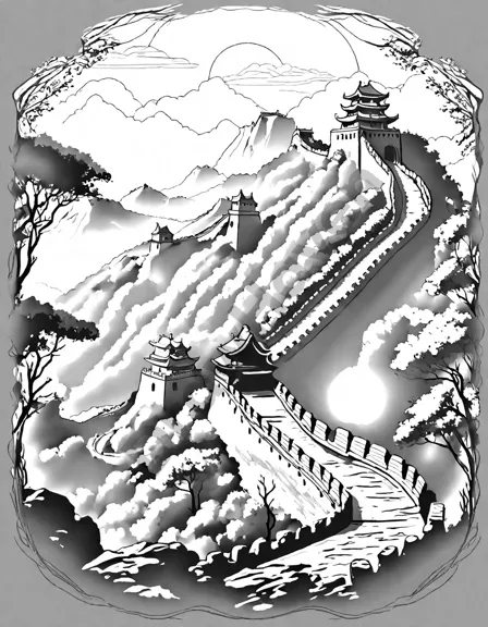 great wall of china coloring page with watchtowers, soldiers, traders in mountainous landscape in black and white