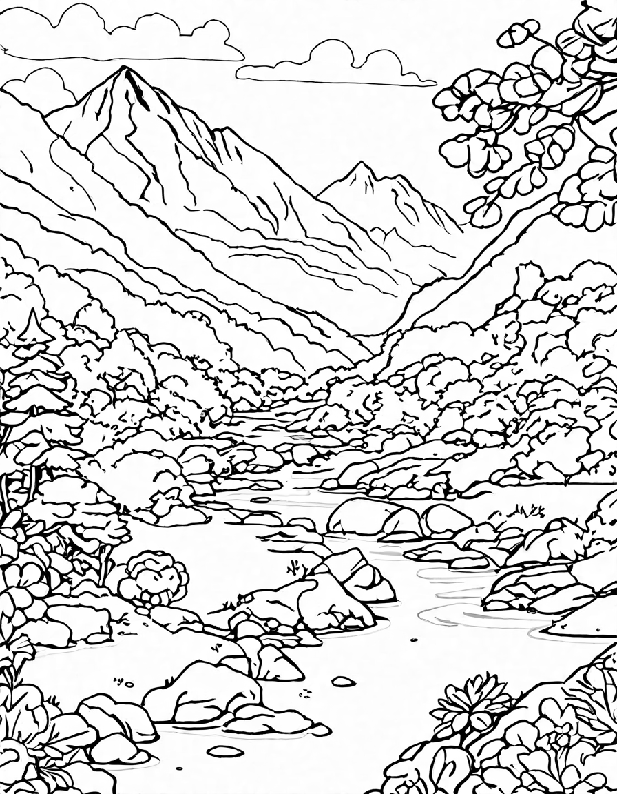 Coloring book image of panoramic valley with river, mountains, and diverse wildlife in black and white