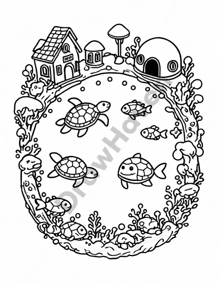 immersive coloring book adventure into an underwater metropolis teeming with vibrant marine life, ancient sea turtles, and enigmatic architecture in black and white