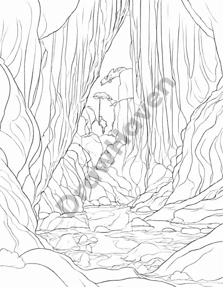 enticing arctic coloring page with glacial caves, sparkling ice crystals, and mysterious tunnels under the frozen surface in black and white