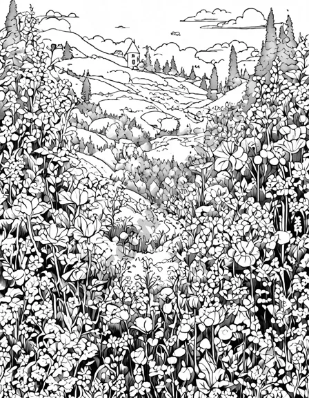 whimsical wildflower meadows coloring page with intricate flower designs and hidden creatures in black and white