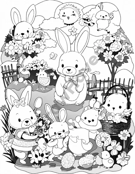 coloring book page of easter bonnet parade with animals, children, and decorated hats under a sunny sky in black and white