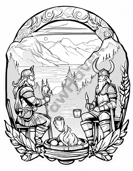 Coloring book image of vikings celebrating with a feast under aurora borealis, with ships in the fjord background in black and white