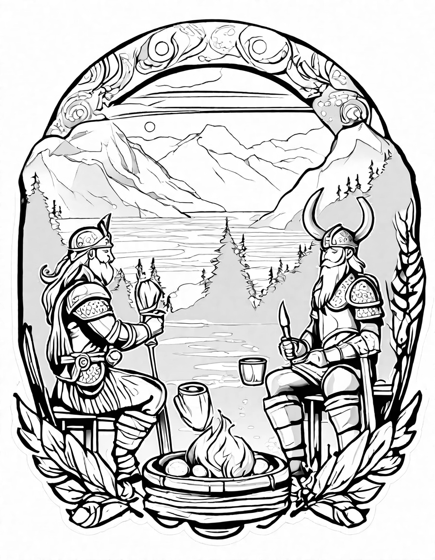 Coloring book image of vikings celebrating with a feast under aurora borealis, with ships in the fjord background in black and white