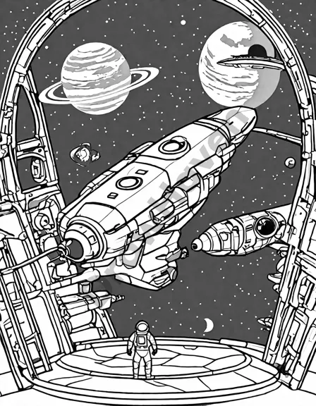 Coloring book image of futuristic spaceship docking at a space station orbiting a galaxy with astronauts visible in black and white