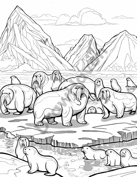 arctic paradise in coloring book page: majestic walrus colony on ice floes with playful calves and intricate details in black and white