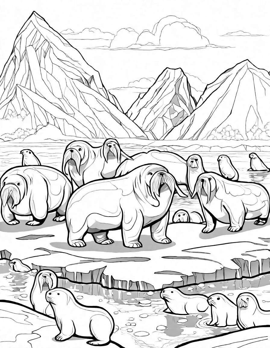 arctic paradise in coloring book page: majestic walrus colony on ice floes with playful calves and intricate details in black and white