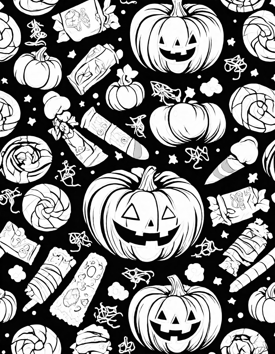 halloween coloring book page with candy corn, treat bags, and assorted sweets in black and white