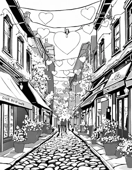 valentine's day themed coloring book page featuring a bustling main street with heart decorations in black and white