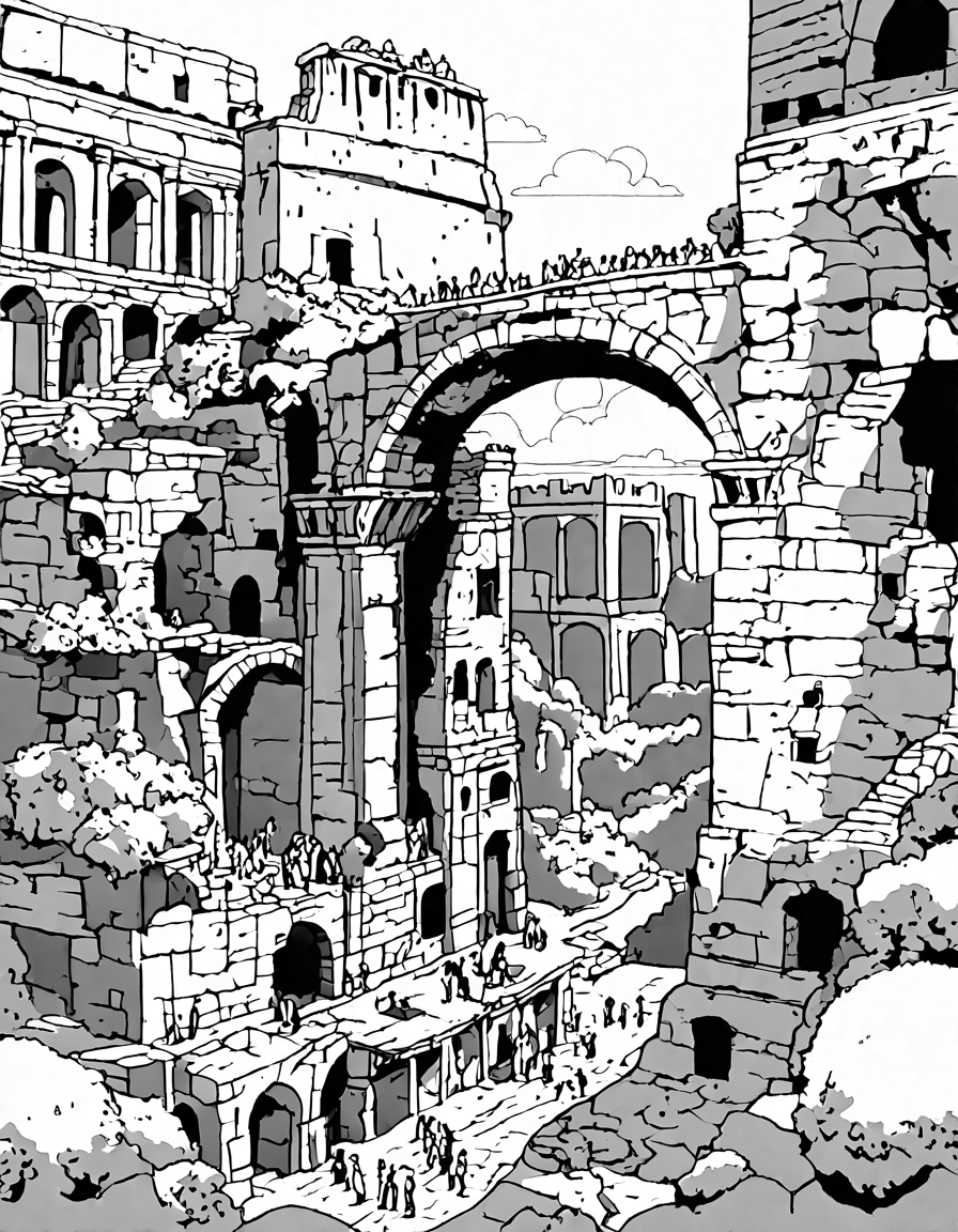 ancient roman aqueducts coloring page with detailed arches and stones against a roman skyline, perfect for history and architecture enthusiasts in black and white