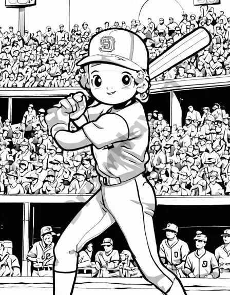 coloring page featuring baseball legends at bat in a packed stadium, waiting for pitches in black and white