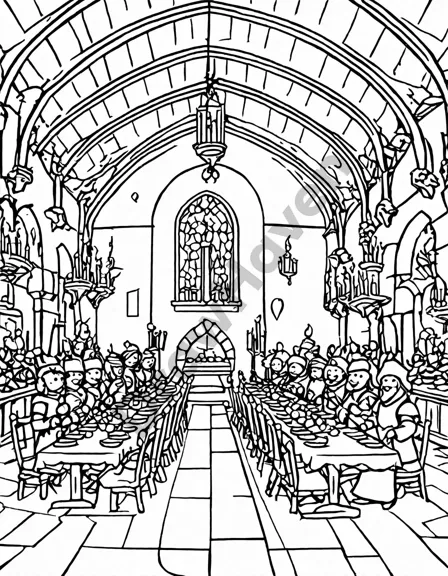 coloring page of a medieval feast in a castle with a king, knights, and a banquet in black and white