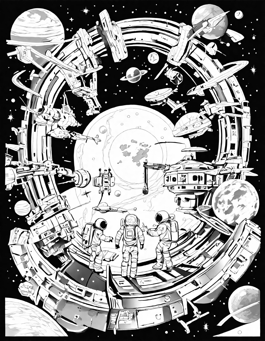 coloring book page featuring space station assembly in a swirling galaxy with aliens and robots in black and white