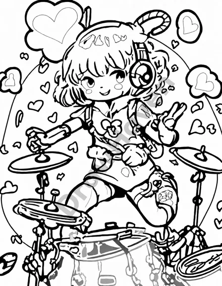 Coloring book image of drummer with fingers flying over drum heads in a captivating solo in black and white