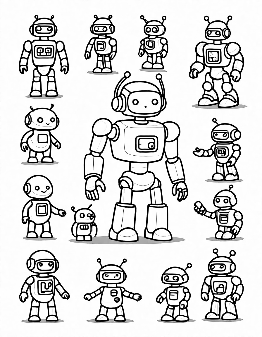 coloring page featuring a bustling robotic metropolis with diverse robots showcasing various gadgets in black and white