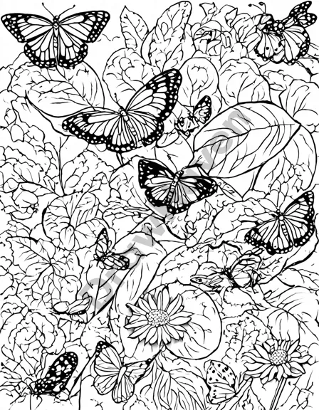 coloring page depicting the stages of a butterfly's lifecycle in a garden setting in black and white
