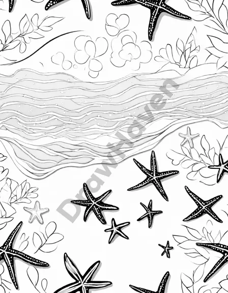 ocean life coloring page featuring starfish on sand with sunset lighting in black and white