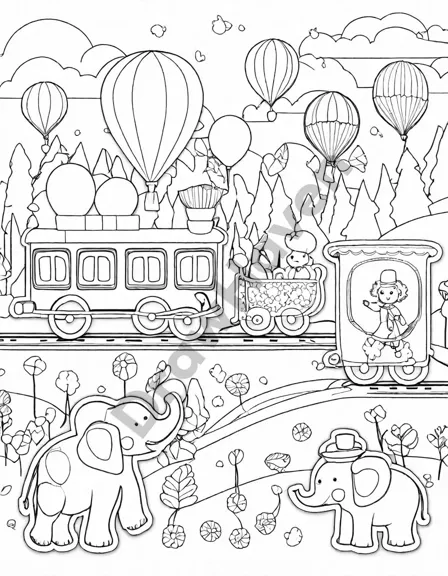 colorful 'traveling circus train extravaganza' coloring page with animals and performers in black and white