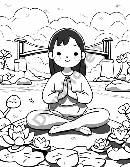 yoga coloring book page featuring the bridge pose, surrounded by lotus flowers and a serene sunrise landscape in black and white