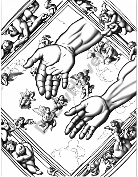 coloring book page inspired by michelangelo's creation of adam with detailed illustration in black and white