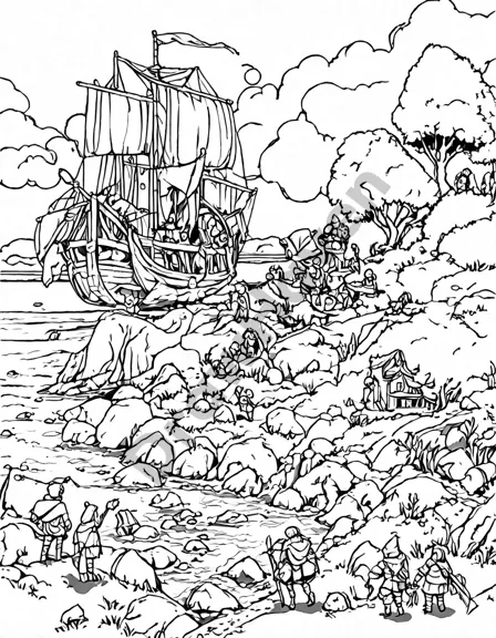 coloring book page of vikings discovering vinland with a detailed longship and lush landscapes in black and white
