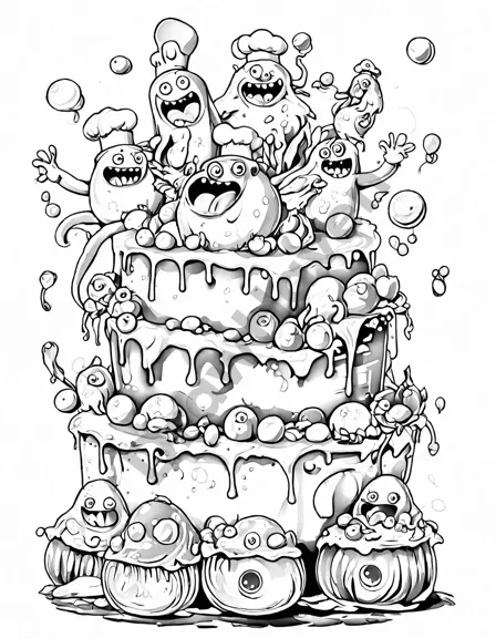 Coloring book image of whimsical monsters in chef hats participating in the great monster bake-off in a colorful, chaotic kitchen in black and white