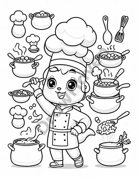 coloring book page of a joyful chef in a magical kitchen with oversized ingredients and tools in black and white