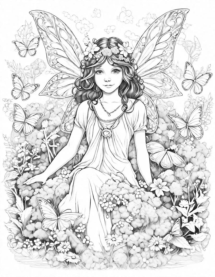 Coloring book image of enchanted fairy glen in a magical forest with fairies, fireflies, moss-covered stones, and a shimmering stream in black and white