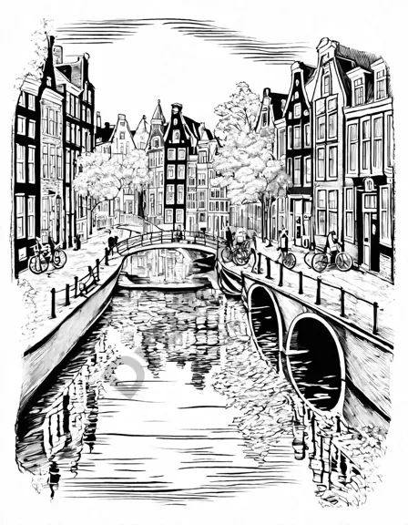 coloring page featuring amsterdam's canals with historic houses and bridges in black and white