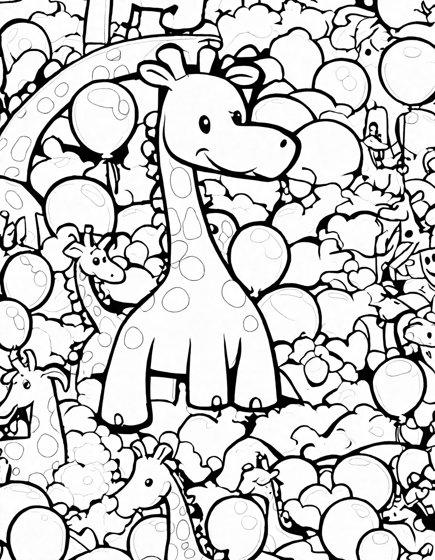 Coloring book image of goofy monsters making balloon animals, highlighted by a three-eyed monster creating a giraffe in black and white