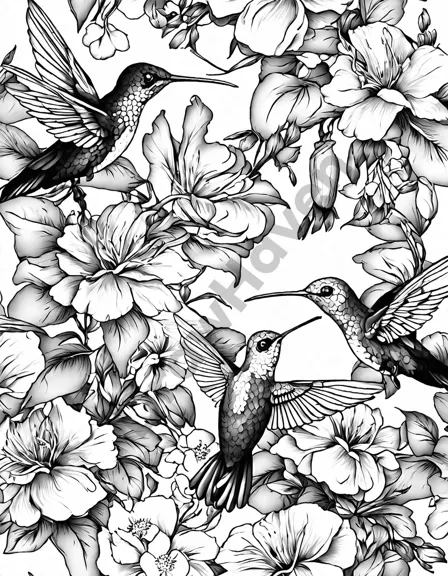 hues of hummingbirds coloring page: dive into a tranquil garden paradise filled with hummingbirds and blooming flowers in black and white