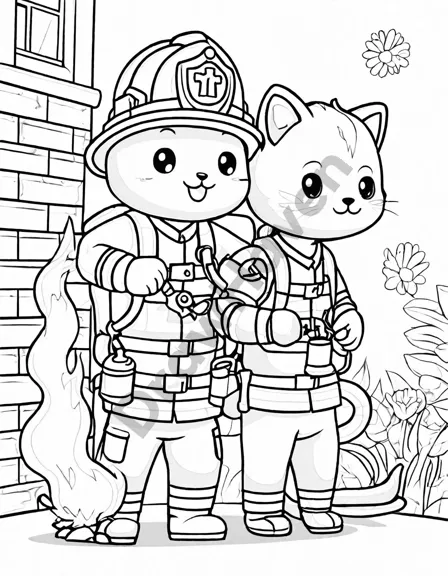 Coloring book image of firefighters battling a massive blaze to rescue a kitten, with vibrant flames and smoke background in black and white