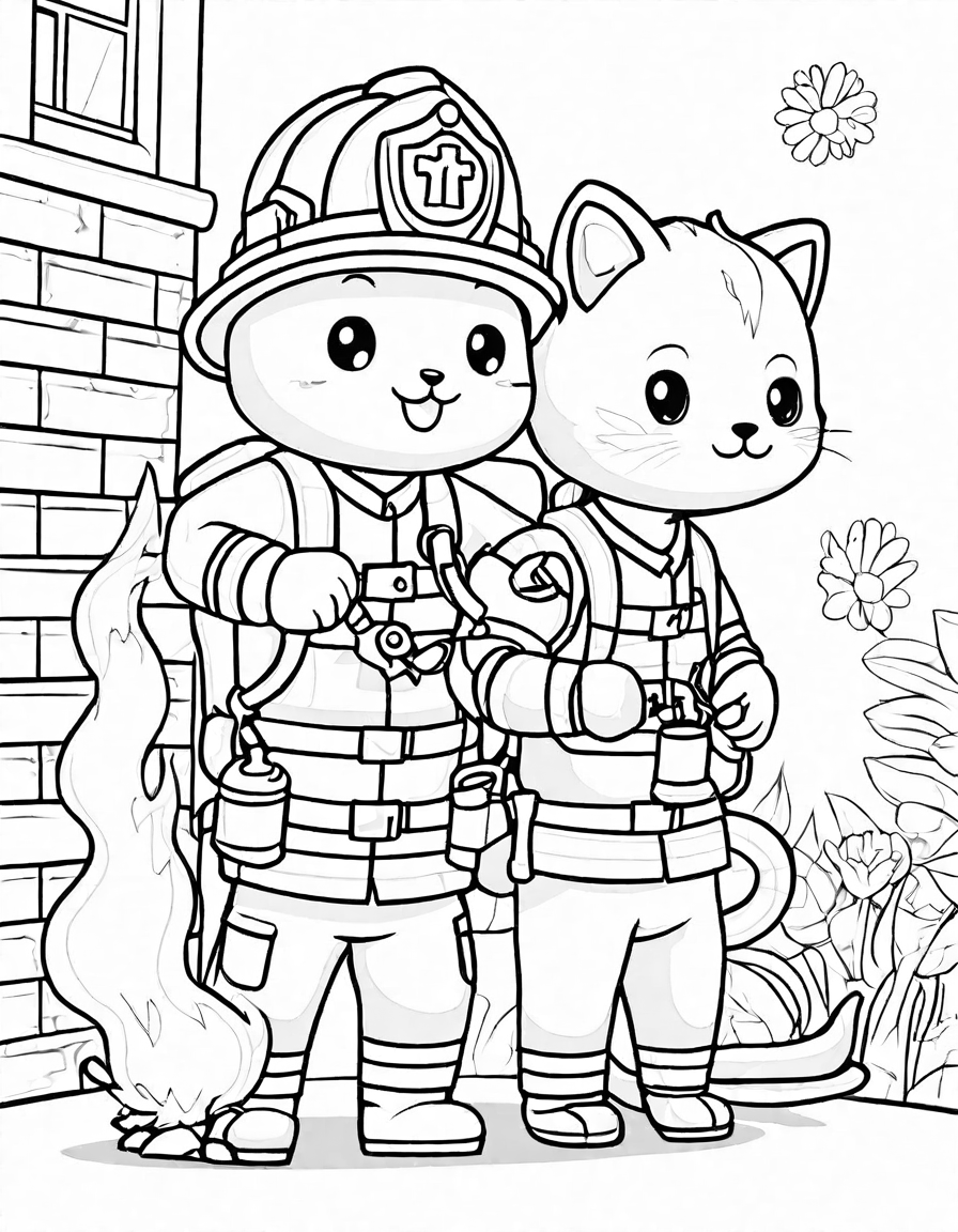 Coloring book image of firefighters battling a massive blaze to rescue a kitten, with vibrant flames and smoke background in black and white