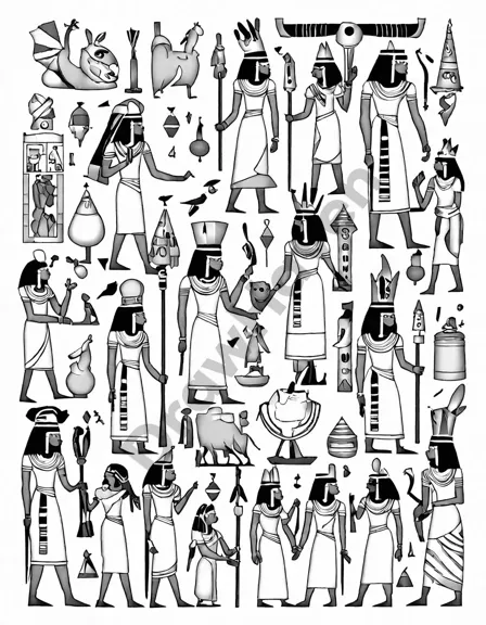 coloring book page of ancient luxor festival with egyptians, temples, and musicians in black and white