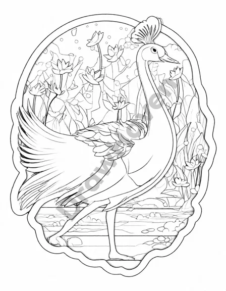 coloring book page of a ballet dancer dreaming of swan lake, poised on pointe shoes with detailed costume in black and white