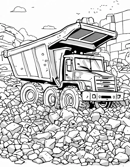 Coloring book image of yellow dump truck unloading gravel at a busy construction site with visible orange cones in black and white