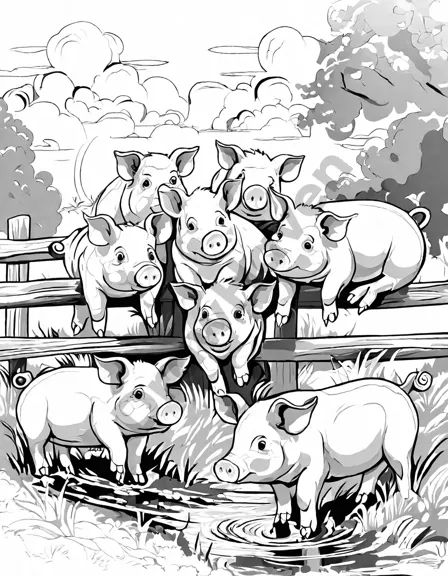 Coloring book image of three joyful pigs playing in a muddy puddle on a sunny farm, framed by a wooden fence and bush in black and white