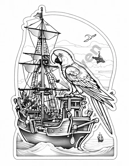 intricate coloring page featuring a parrot's view atop a pirate ship with busy crew and open sea in black and white