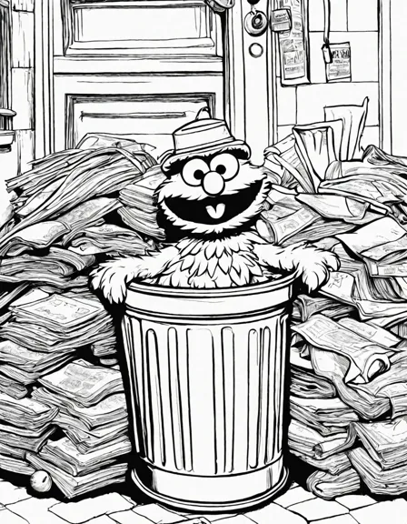 coloring page of oscar the grouch's trashcan filled with old newspapers, broken toys, smelly socks, and moldy fruit in black and white