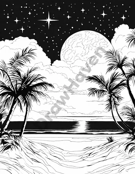 tropical beach at night with calm sea, stars shimmering overhead, and lone palm tree silhouette. perfect for coloring enthusiasts in black and white