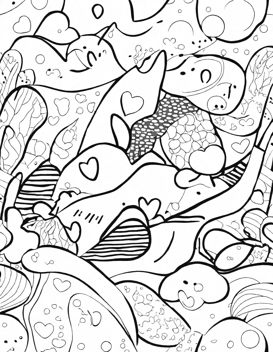 abstract coloring book page featuring brush strokes, bold lines, flowing curves, and geometric shapes for creative expression in black and white