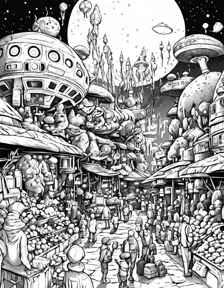 coloring book image of a bustling galactic market with diverse aliens and exotic goods in black and white