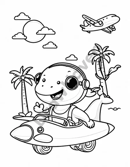 coloring page of airplane over islands with dolphins and tropical birds, inviting creativity in black and white