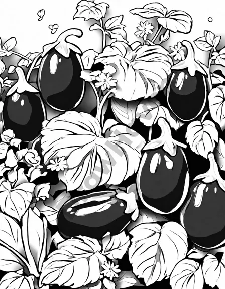 coloring book page of eggplants in a garden with detailed foliage and flowers in black and white