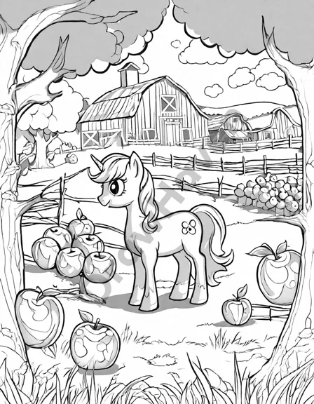 Coloring book image of idyllic applejack's sweet apple acres with lush apple trees, barns, and haystacks, bustling with the love of applejack, big macintosh, and granny smith in black and white