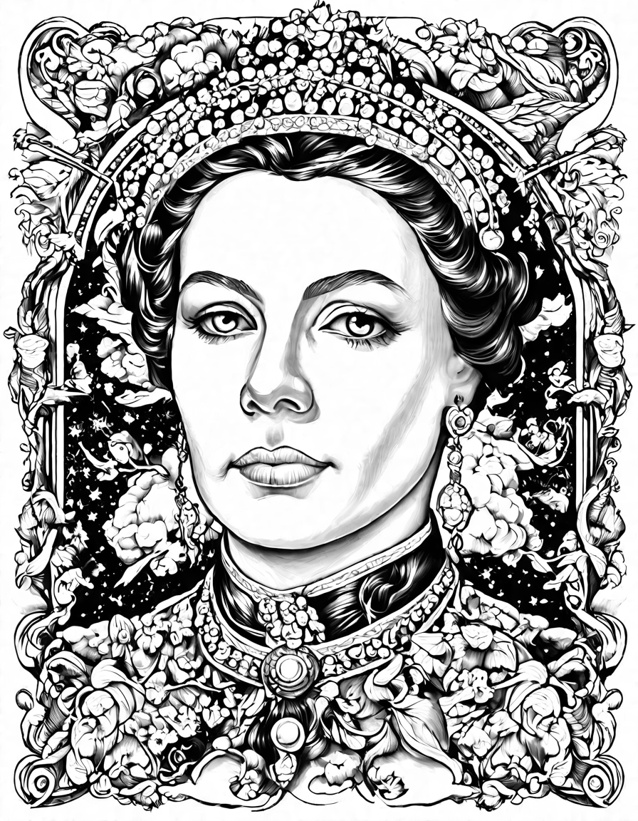 coloring page featuring iconic figures from history, showcasing their enigmatic expressions and embodying human resilience in black and white