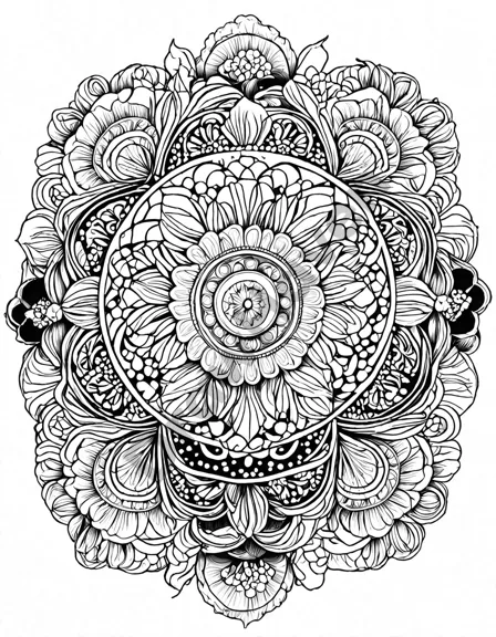 mandala design symbolizing peace with concentric circles and floral motifs for coloring in black and white