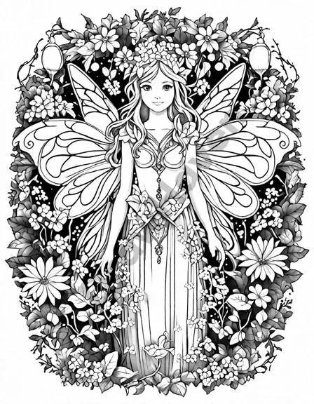 fairy queen's magical garden coloring book: intricate vines, glowing flowers, fairy queen with gossamer wings, sprites, enchanted world to color in black and white