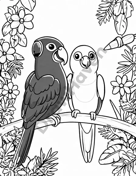 coloring page featuring diverse, vibrant parrots in a lush rainforest setting in black and white